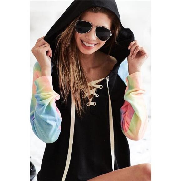 BiBi French Terry Lace Up Hoodie With Tie Dye Sleeves - Picture 6 of 16
